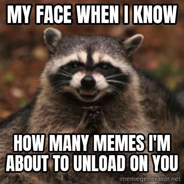 evil raccoon meme: my face when i know / how many memes I'm about to unload on you