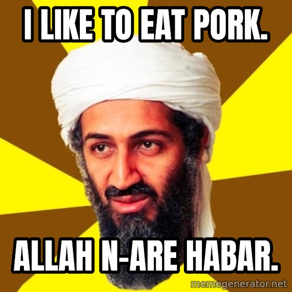Osama meme: i like to eat pork. / allah n-are habar.