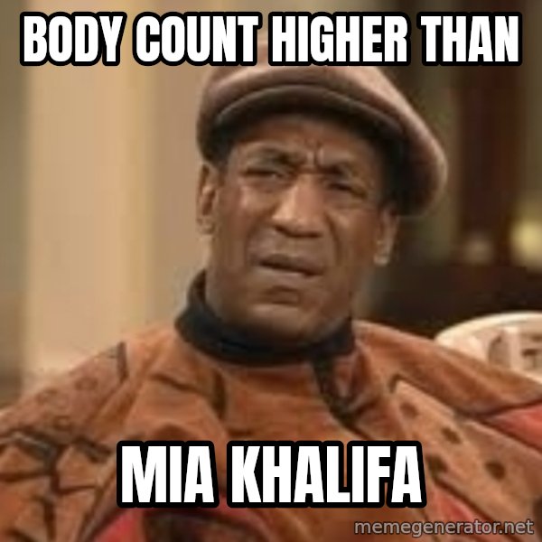 Confused Bill Cosby  meme: body count higher than / mia khalifa