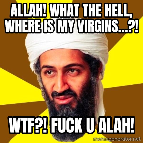 Osama meme: allah! what the hell, where is my virgins...?! / wtf?! fuck u alah!