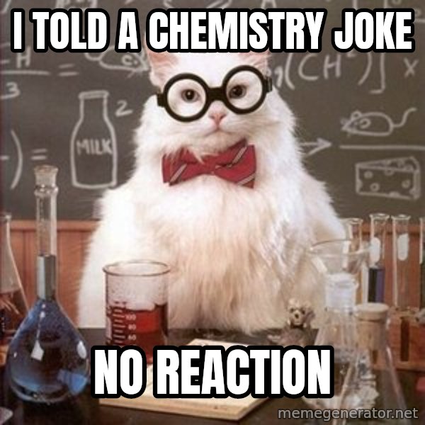 Chemistry Cat meme: I TOLD A CHEMISTRY JOKE / NO REACTION