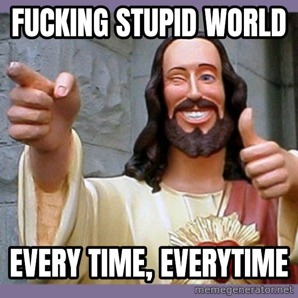 buddy jesus meme: fucking stupid world / every time, everytime