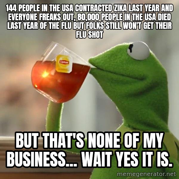 Kermit The Frog Drinking Tea meme: 144 People in the USA contracted Zika last year and everyone freaks out, 80,000 people in the USA died last year of the flu but folks still won't get their flu shot / But that's none of my business... wait YES IT IS.