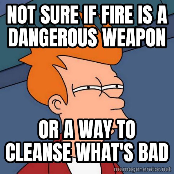 Futurama Fry meme: Not sure if fire is a dangerous weapon / Or a way to cleanse what's bad