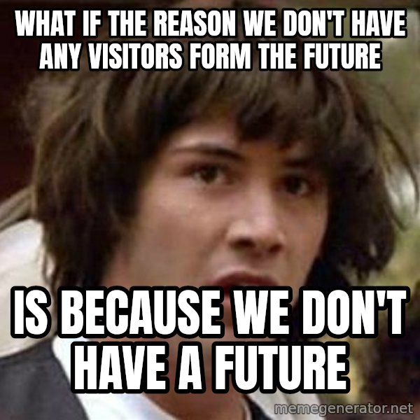 Conspiracy Keanu meme: what if the reason we don't have any visitors form the future / Is because we don't have a future