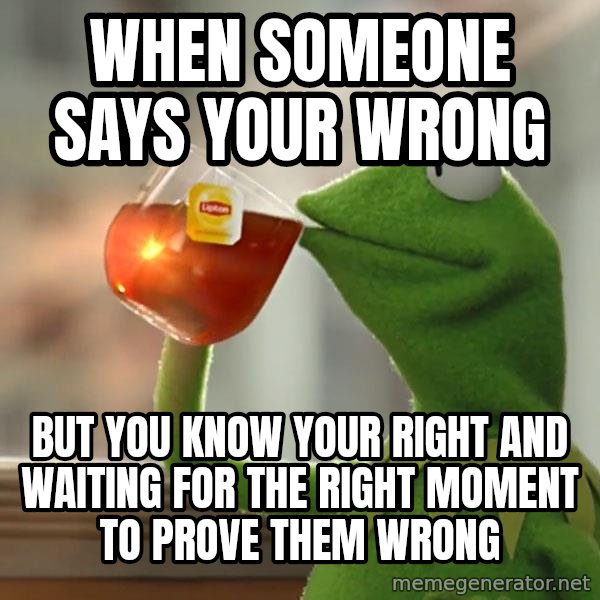 Kermit The Frog Drinking Tea meme: When someone says your wrong / But you know your right and waiting for the right moment to prove them wrong