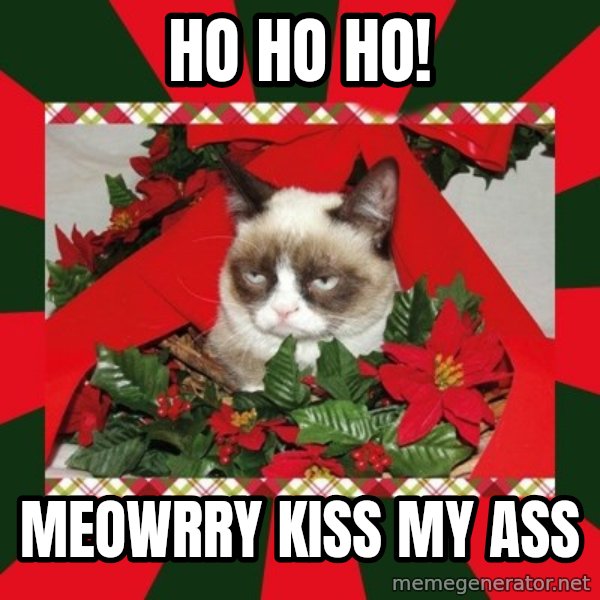 GRUMPY CAT ON CHRISTMAS meme: ho ho ho! / meowrry kiss my ass