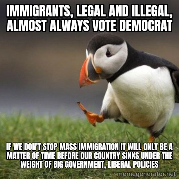 Unpopular Opinion Puffin meme: Immigrants, legal and illegal, almost always vote democrat / If we don't stop mass immigration it will only be a matter of time before our country sinks under the weight of big government, liberal policies