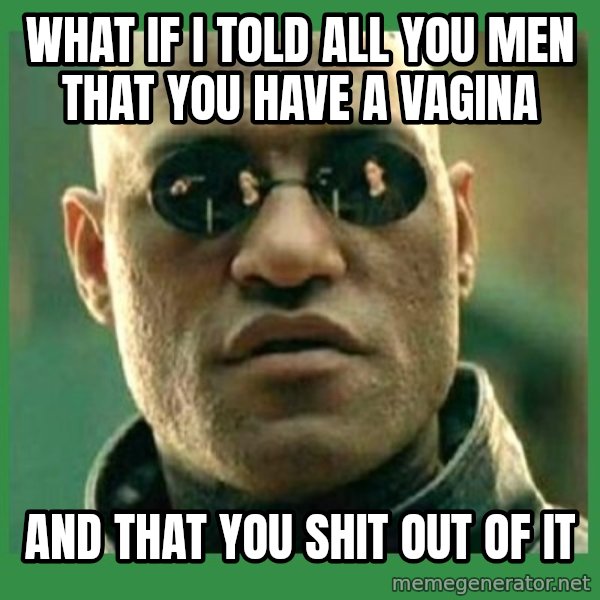 Matrix Morpheus meme: what if i told all you men that you have a vagina / and that you shit out of it