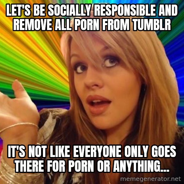 Dumb Blonde meme: Let's be socially responsible and remove all porn from Tumblr / it's not like everyone only goes there for porn or anything...