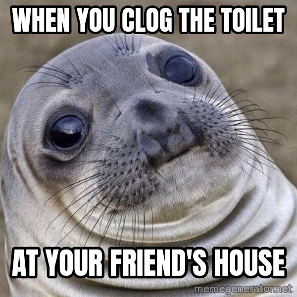 Awkward Seal meme: When you clog the toilet / at your friend's house