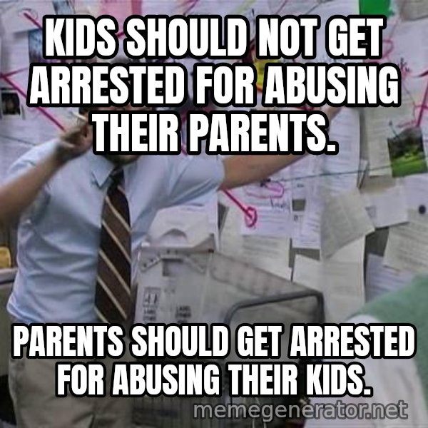 Charlie Day Conspiracy meme: Kids should not get arrested for abusing their parents. / Parents should get arrested for abusing their kids.