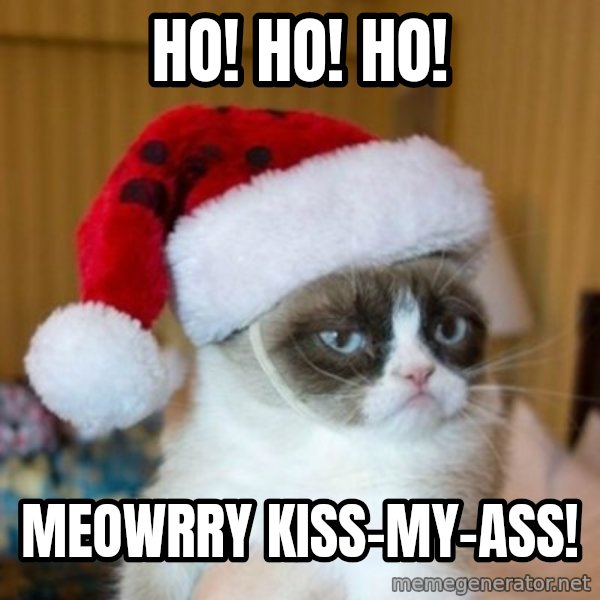 Grumpy Cat Santa Hat meme: Ho! Ho! Ho! / Meowrry kiss-my-ass!