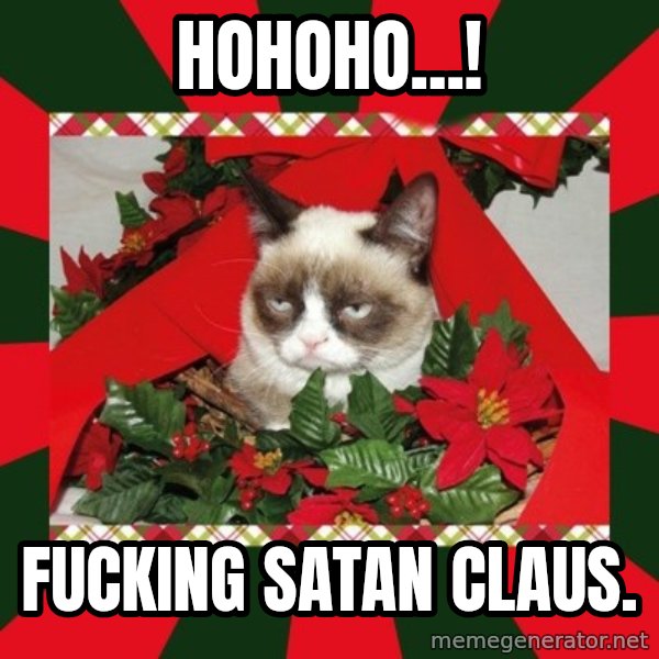 GRUMPY CAT ON CHRISTMAS meme: Hohoho...! / Fucking Satan Claus.