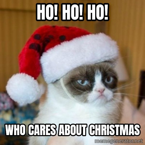 Grumpy Cat Santa Hat meme: HO! HO! HO! / Who cares about Christmas