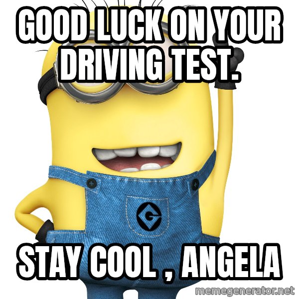 Despicable Me Minion meme: Good luck on your driving test. / Stay cool , Angela