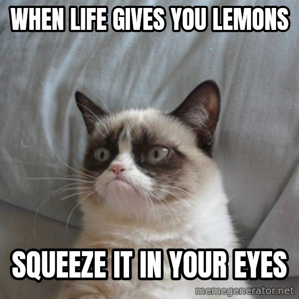 Grumpy cat good meme: When life gives you lemons / Squeeze it in your eyes