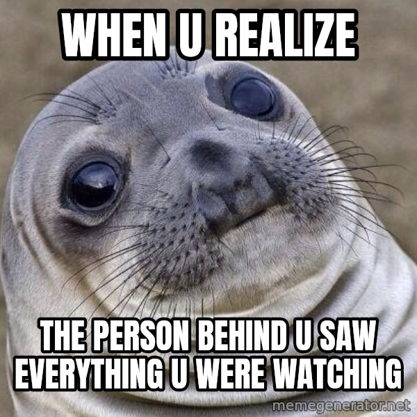Awkward Seal meme: When u realize / the person behind u saw everything u were watching