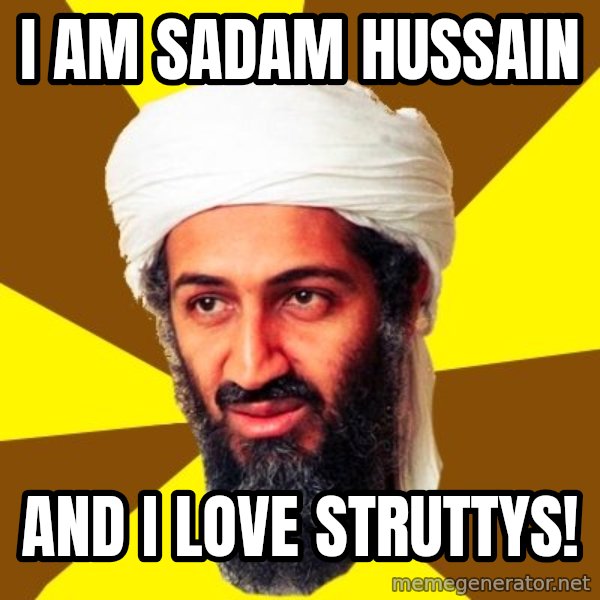 Osama meme: I am Sadam Hussain / And I love struttys!