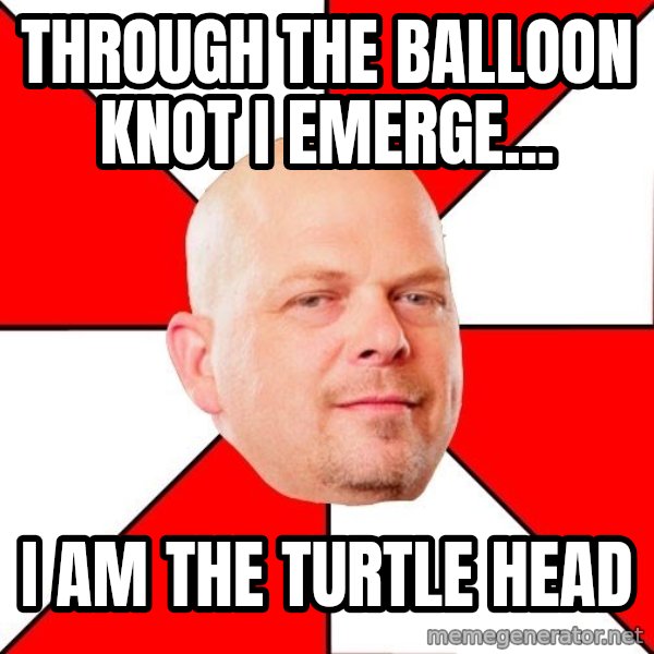 Pawn Stars meme: through the balloon knot       i emerge... / i am the turtle head
