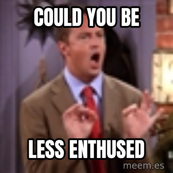 Chandler Bing Could I Be meme: Could you be / Less enthused