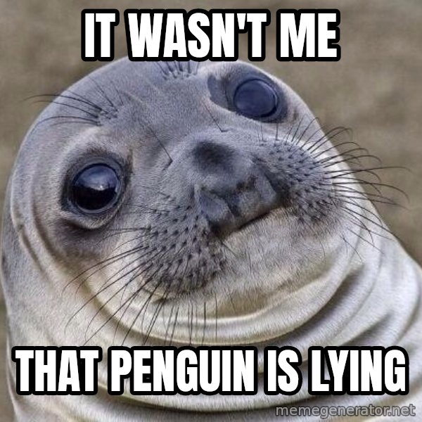 Awkward Seal meme: it wasn't me / that penguin is lying