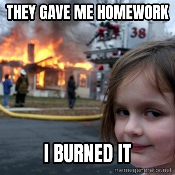 Disaster Girl meme: they gave me homework / i burned it