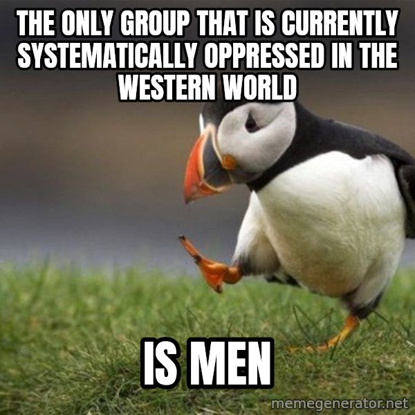 Unpopular Opinion Puffin meme: The only group that is currently systematically oppressed in the Western World / is men
