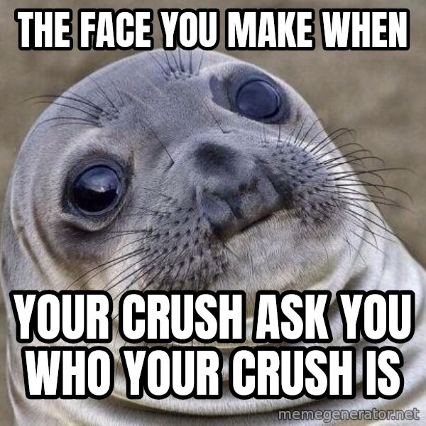 Awkward Seal meme: The face you make when / Your crush ask you who your crush is
