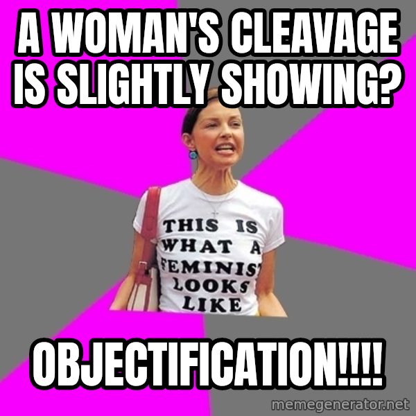 Feminist Cunt meme: A woman's cleavage is slightly showing? / OBJECTIFICATION!!!!