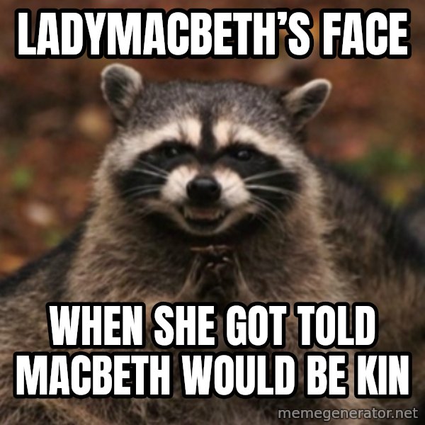 evil raccoon meme: LadyMacbeth’s face / When she got told Macbeth would be kin