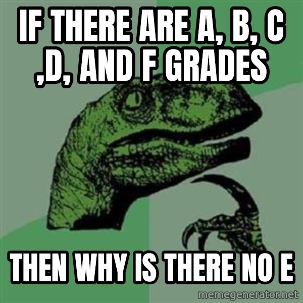 Philosoraptor meme: if there are a, b, c ,d, and f grades / then why is there no e