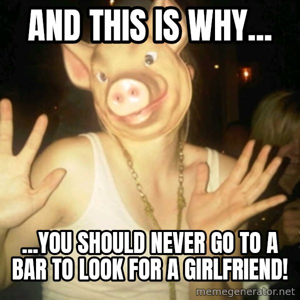 Pig Chloe meme: And this is why... / ...you should never go to a bar to look for a girlfriend!