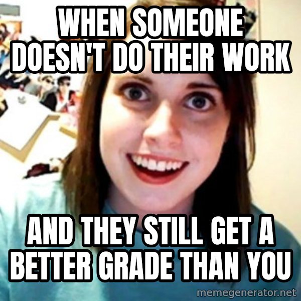 Overly Obsessed Girlfriend meme: When someone doesn't do their work / And they still get a better grade than you