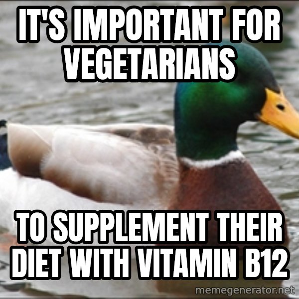 Actual Advice Mallard 1 meme: it's important for vegetarians / to supplement their diet with vitamin b12