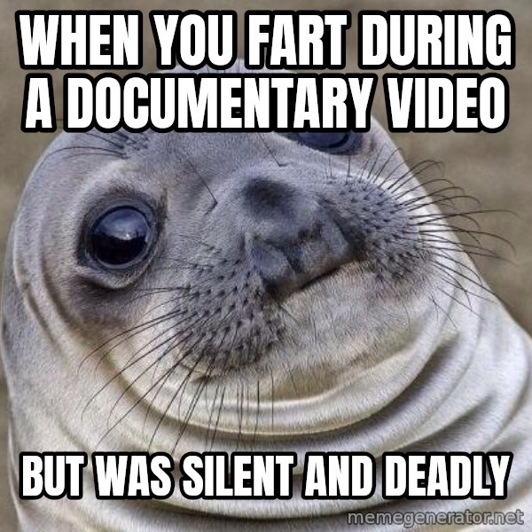 Awkward Seal meme: when you fart during a documentary video / but was silent and deadly