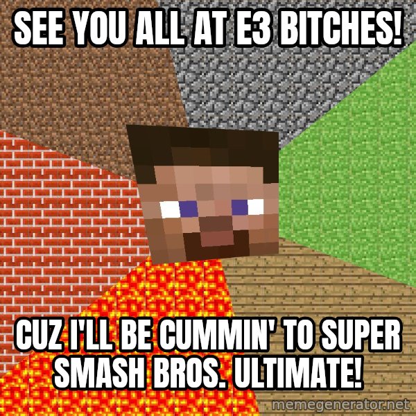 Minecraft Guy meme: See you all at E3 bitches! / Cuz I'll be cummin' to Super Smash Bros. Ultimate!