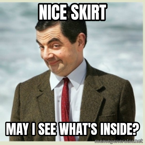 MR bean meme: Nice skirt / May I see what's inside?