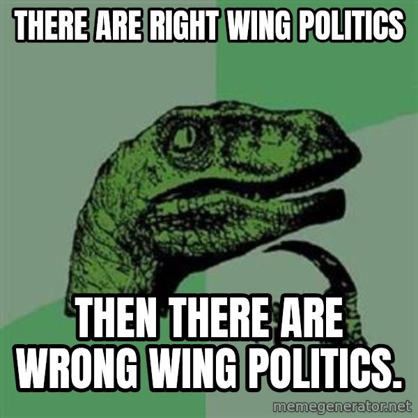 Philosoraptor meme: There are right wing politics / Then there are wrong wing politics.