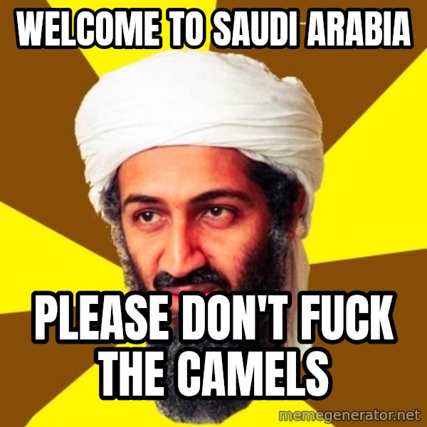 Osama meme: Welcome to Saudi arabia / Please don't fuck the camels