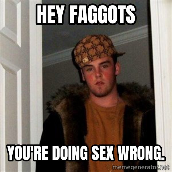 Scumbag Steve meme: Hey faggots / You're doing sex wrong.