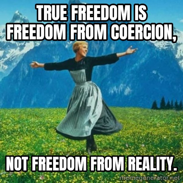 Look at All the Fucks I Give meme: True freedom is freedom from coercion, / not freedom from reality.