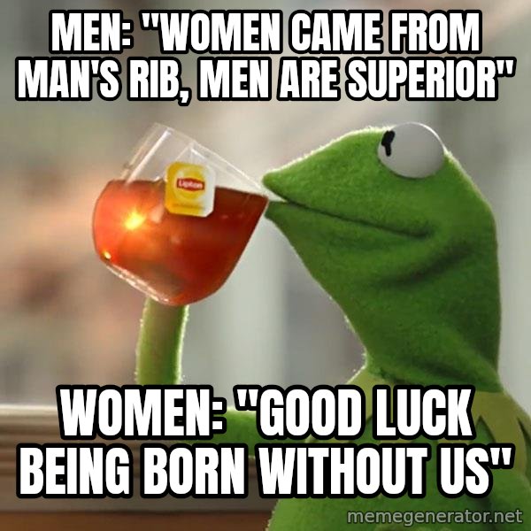 Kermit The Frog Drinking Tea meme: Men: "Women came from man's rib, men are superior" / Women: "good luck being born without us"