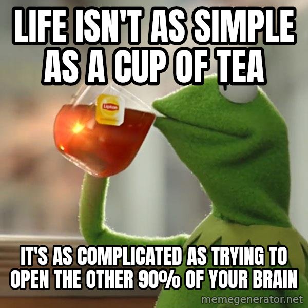 Kermit The Frog Drinking Tea meme: Life isn't as simple as a cup of tea / it's as complicated as trying to open the other 90% of your brain