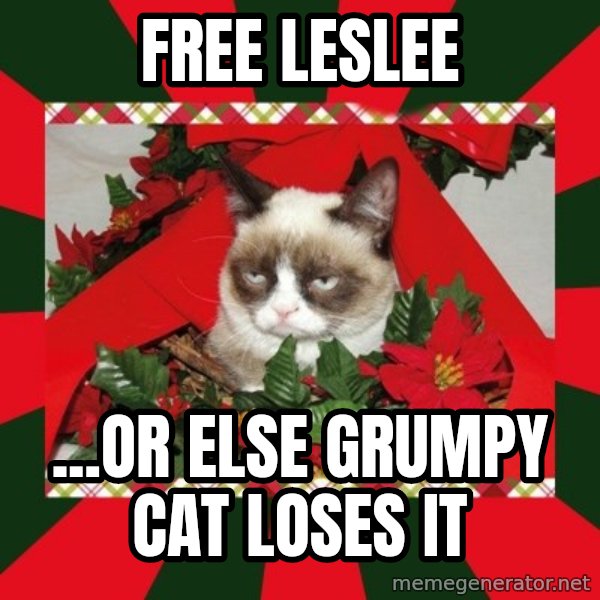 GRUMPY CAT ON CHRISTMAS meme: Free Leslee / ...or else Grumpy Cat loses it