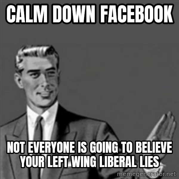 Correction Guy meme: Calm down Facebook / Not everyone is going to believe your left wing liberal lies