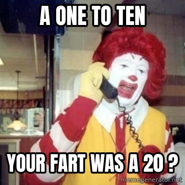 Ronald Mcdonald Call meme: A ONE TO TEN / YOUR FART WAS A 20 ?