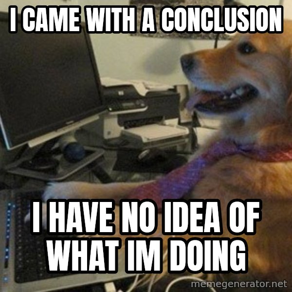 I have no idea what I'm doing - Dog with Tie meme: i came with a conclusion / i have no idea of what im doing