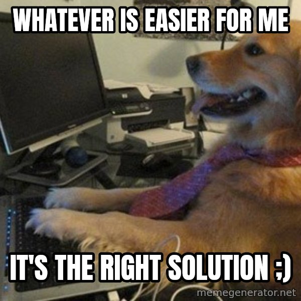 I have no idea what I'm doing - Dog with Tie meme: whatever is easier for me / it's the right solution ;)