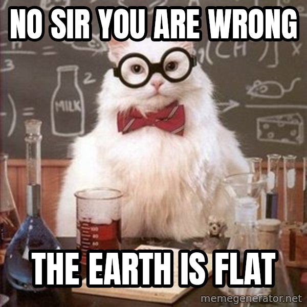 Chemistry Cat meme: no sir you are wrong / the earth is flat
